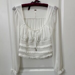 Free People White Smocked Tie-Front Blouse